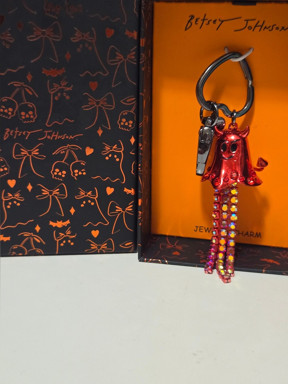 Betsey Johnson Red Devil Charm Keychain with Irridescent Crystal Tassels New